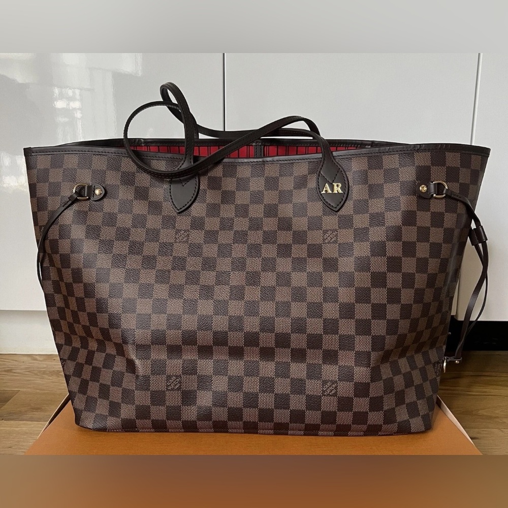 Brown Checker Tote Bag with Red Interior